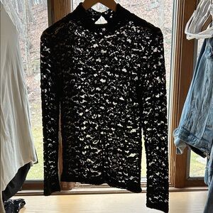 LOFT Black Sheer Lace Long-Sleeve Mock Neck Top